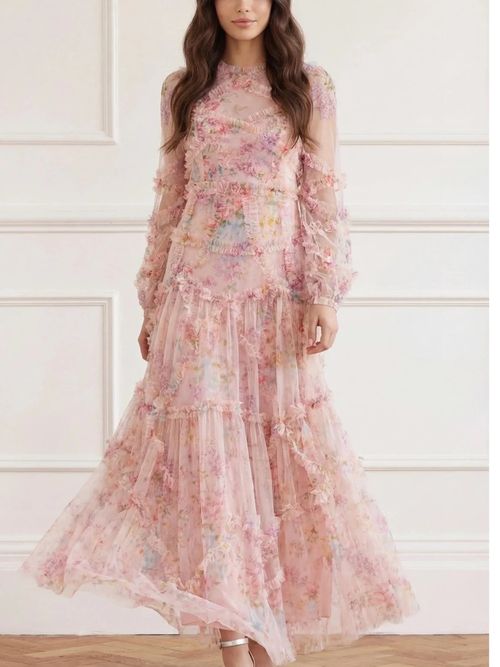 Needle & Thread floral diamond ruffle gown
